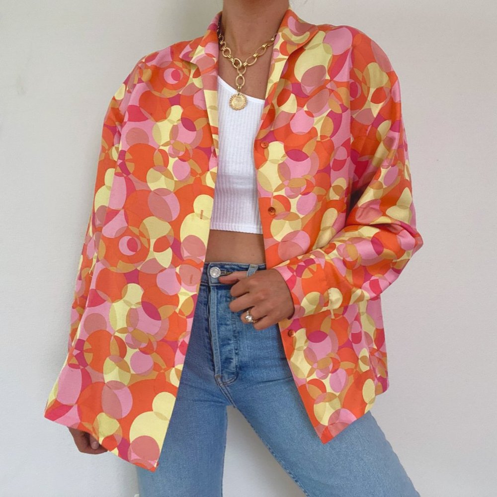 Vintage Silk Bright Geo Top Pink, Orange, Yellow - Picture 3 of 8